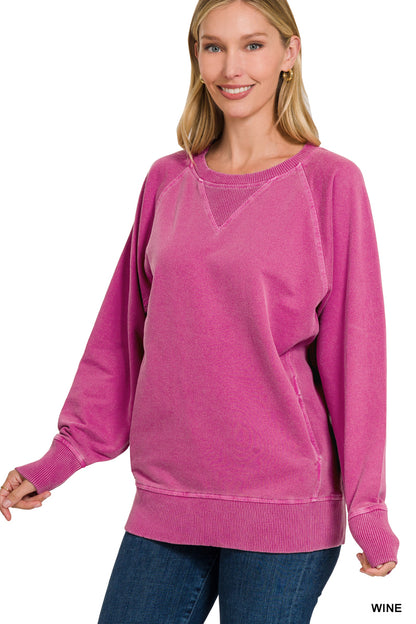 Pigment Dyed French Terry Pullover with Pockets Sweatshirt Zenana