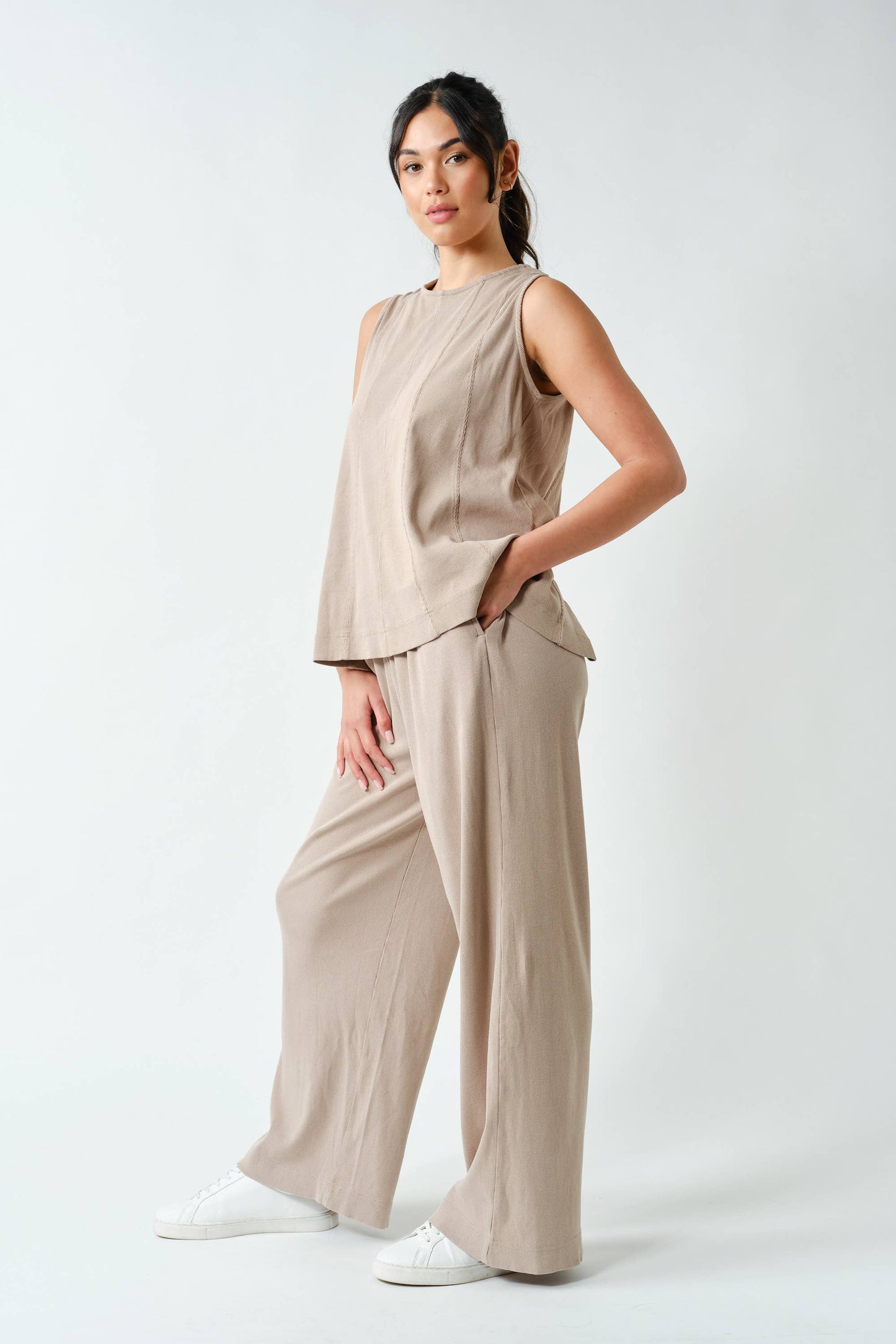 Mono B Ribbed Tank & Wide Leg Pant Set (KSET5811)