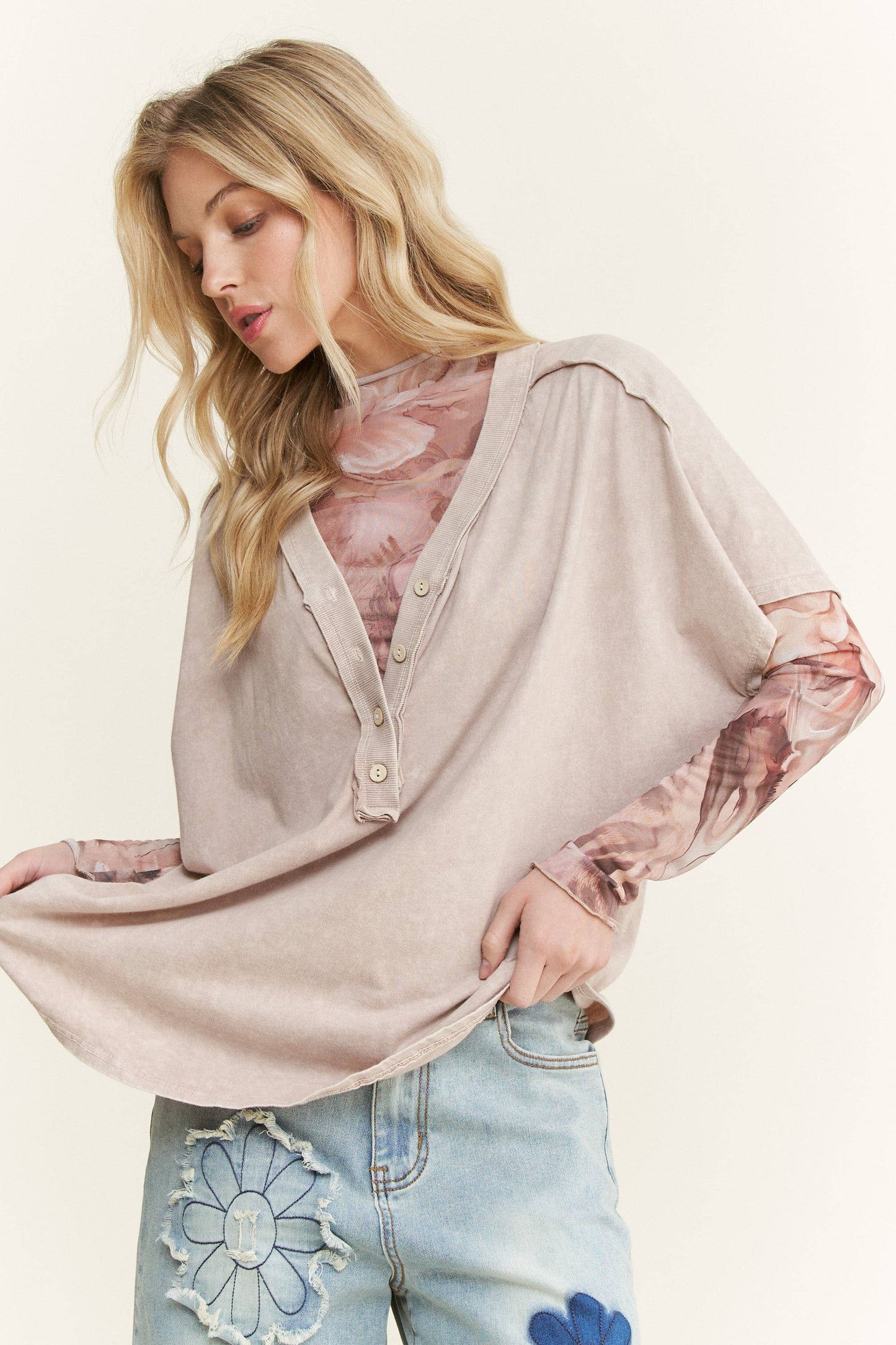 Flower Print Lace Mesh Long Sleeve Layering top HT6578