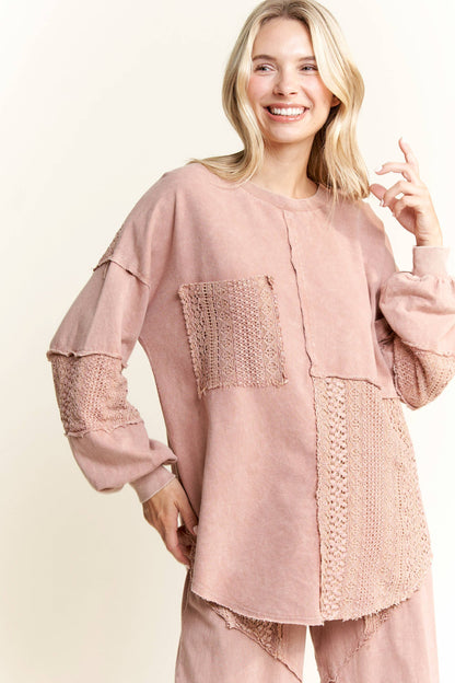 Mineral Wash Lace detailed Long Sleeve sweatshirt HT6027