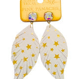 10mm bronze/AB cushion cut post on white leather feather earring with gold stars Pink Panache