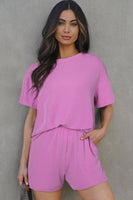 Pink Textured Knit Loose Fit Tee and Shorts Set | S-XL: Missy / S / Pink