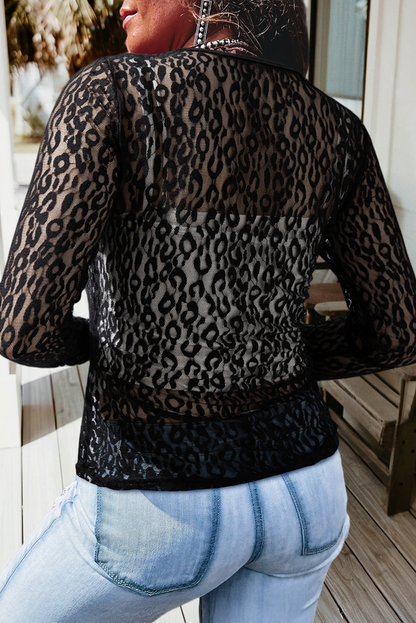 Leopard Pattern Sheer Mesh Long Sleeve Top
