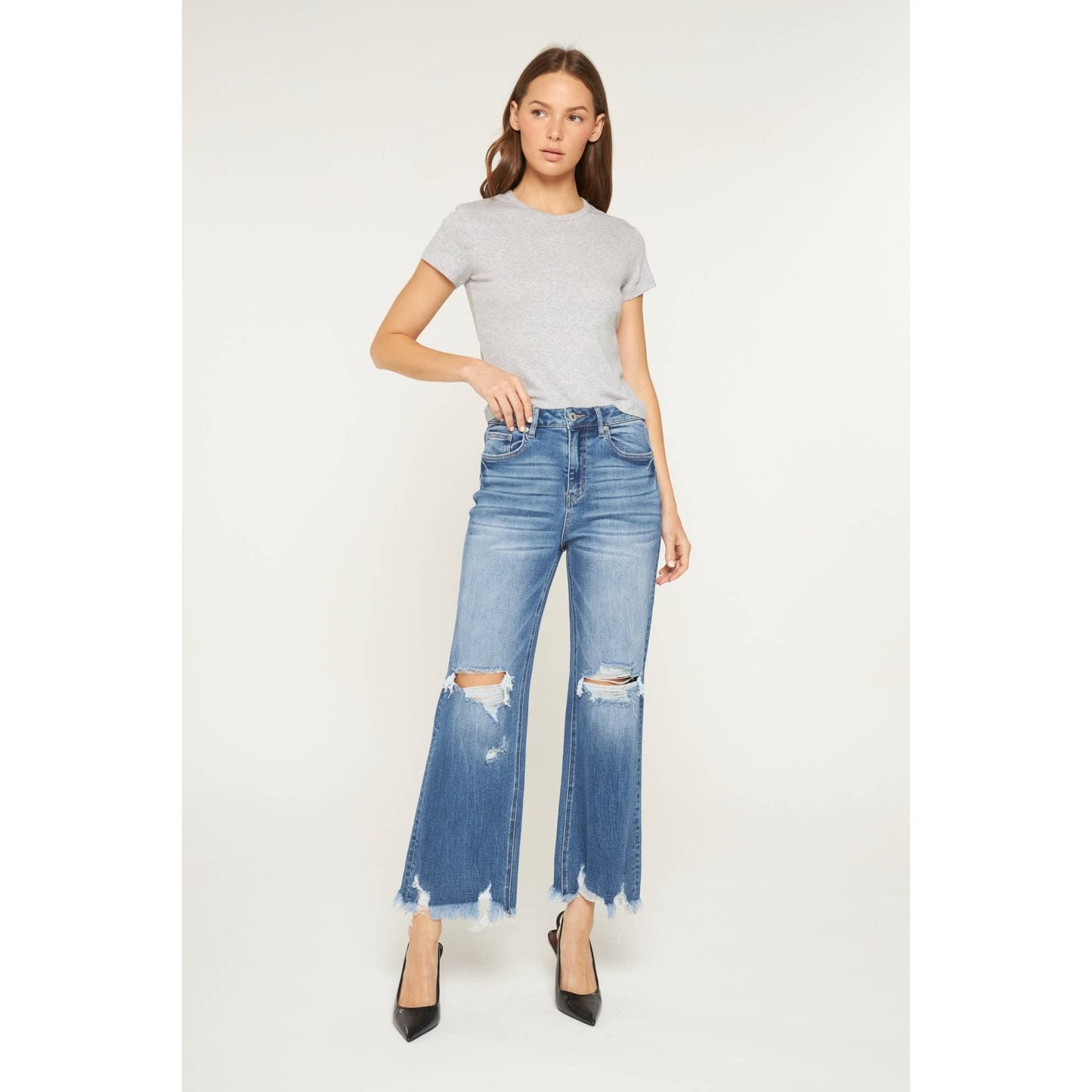 Mica High Distressed Wide Leg Crop Jeans