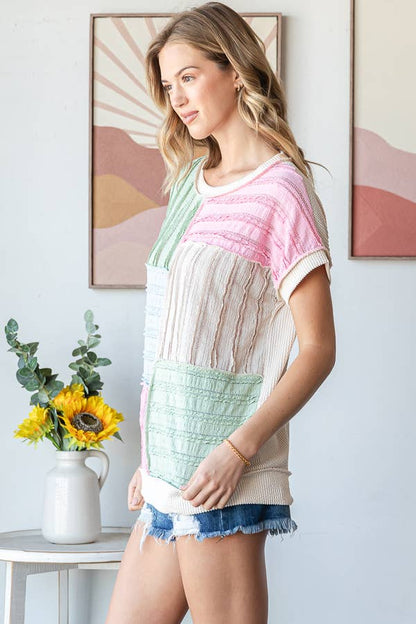 Color Block Textured Patchwork Short Sleeve Top T5944