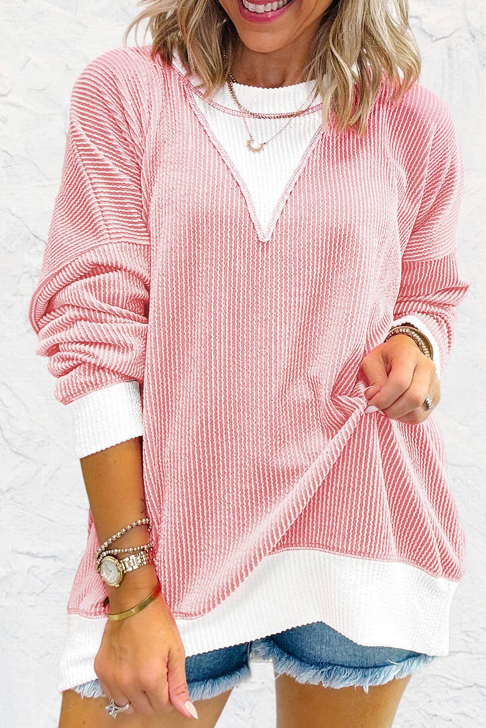 Blossom Corded Colorblock Drop Shoulder Loose Top Shirt