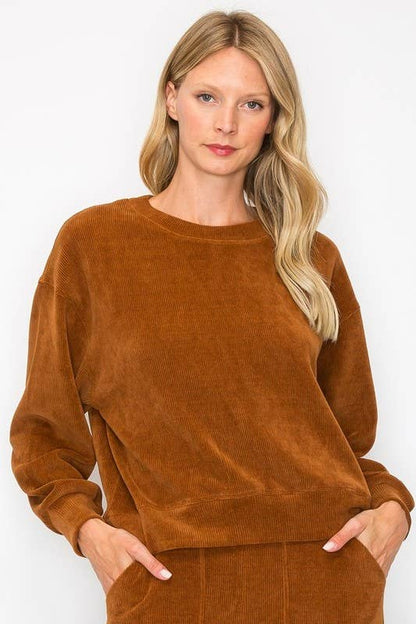 Yelete Relaxed Fit Corduroy Rib Knit Top TP2403