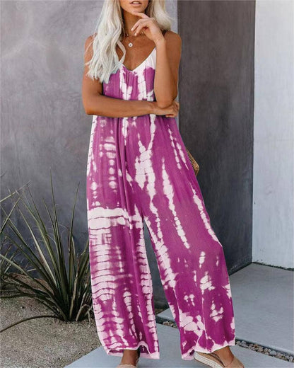 Pink / L Summer suspender wide-leg pants women print bib jumpsuit: