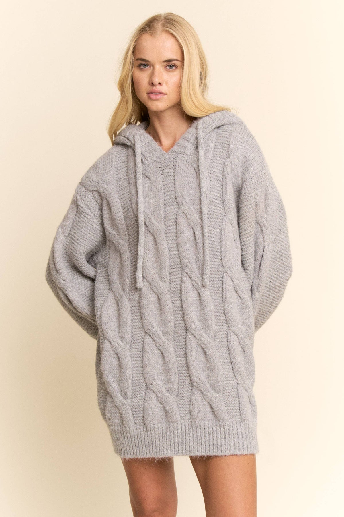 Oversized Cable Knit Hoodie Sweater Dress