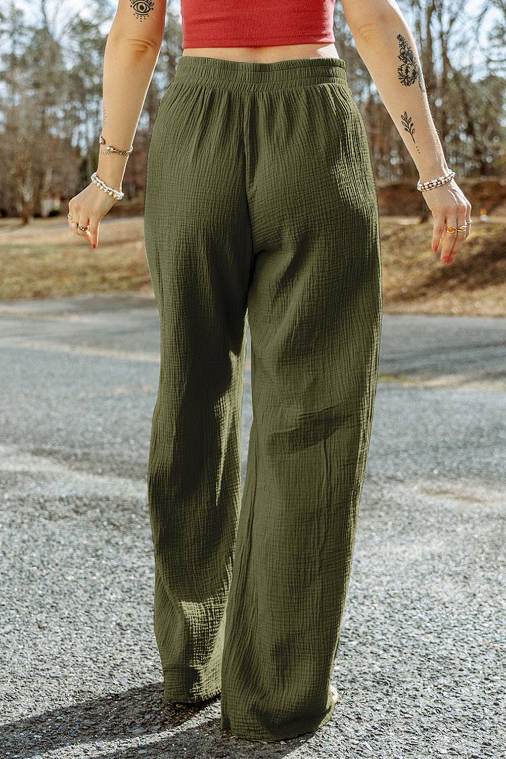 Green Crinkle Textured Wide Leg Pants Little Daisy