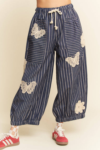 Crochet Applique Striped Barrel Pants