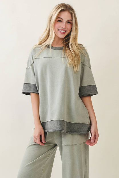 Mineral Washed Contrast Block Terry Top HT7540