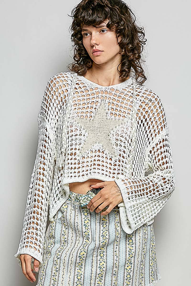 V-neck Acrylic Star Patch Pearl Stud Hoodie Thin Sweater Top