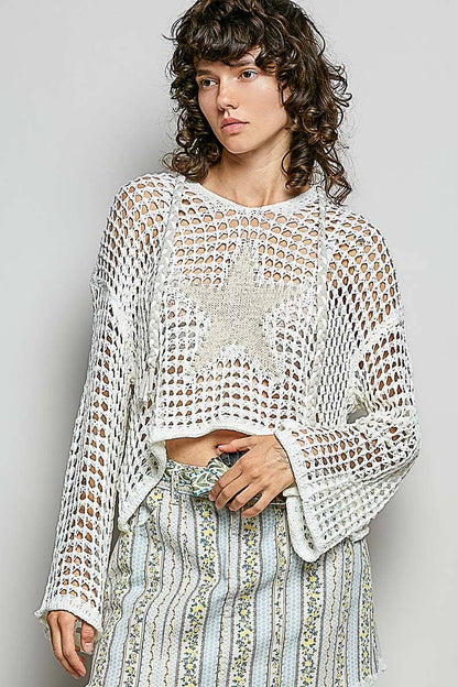 V-neck Acrylic Star Patch Pearl Stud Hoodie Thin Sweater Top