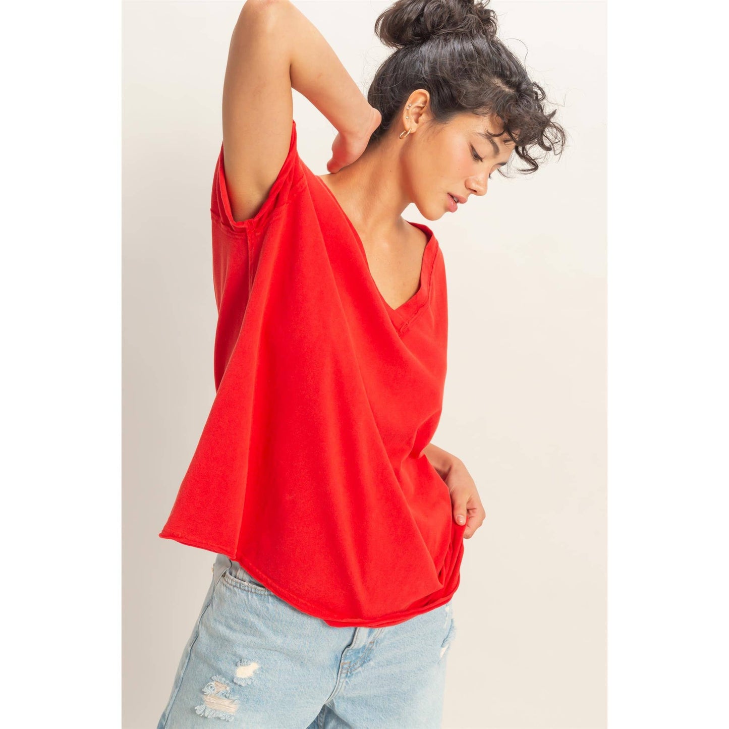 Washed V-Neck Oversized Tee