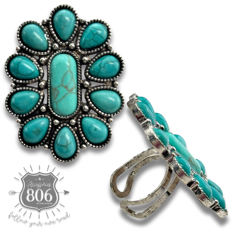 Turquoise color oval flower ring - LC