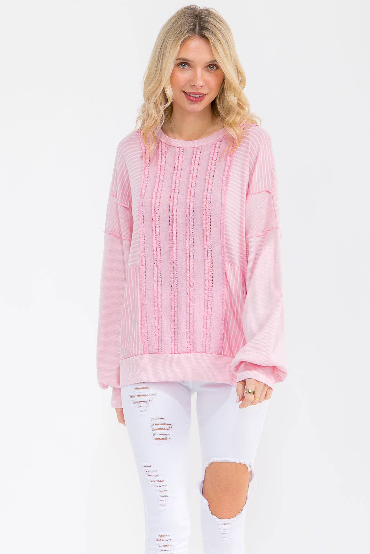 Textured Stripe Contrast Knit Top T6203