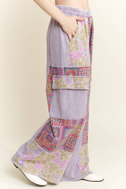 Mineral Wash Crochet Floral Printed Pants HP5758