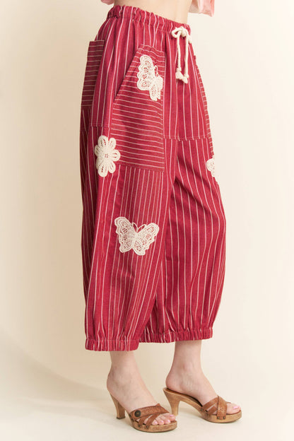 Crochet Applique Striped Barrel Pants
