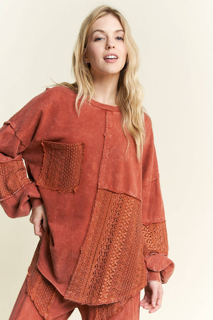 Mineral Wash Lace detailed Long Sleeve sweatshirt HT6027
