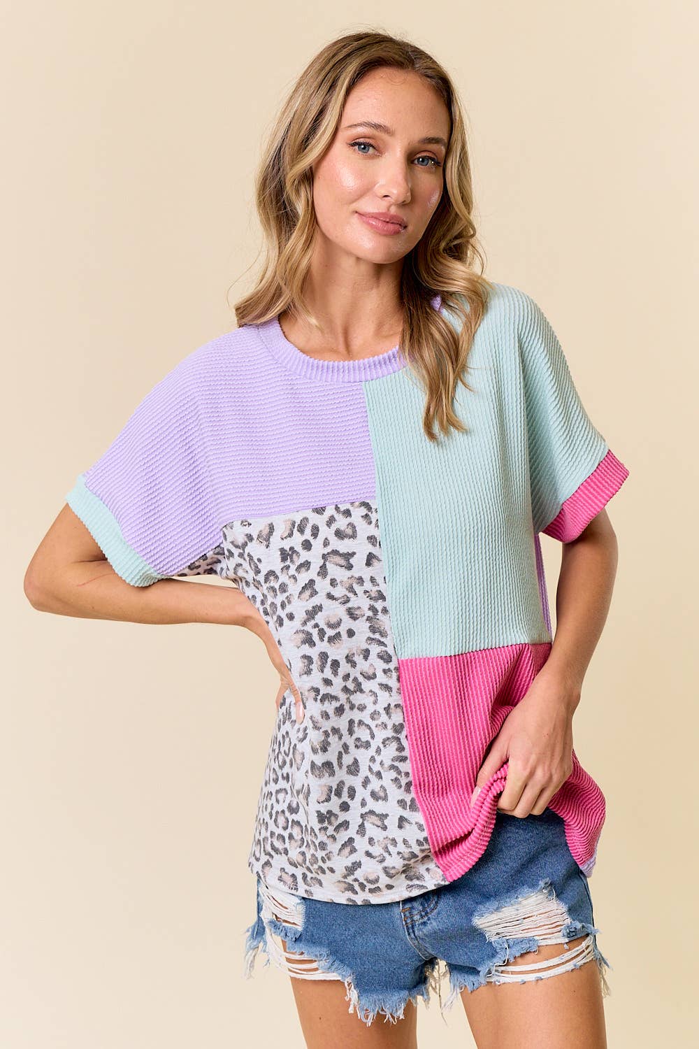 Large Retro Cheetah Top: LAVENDER COMBO