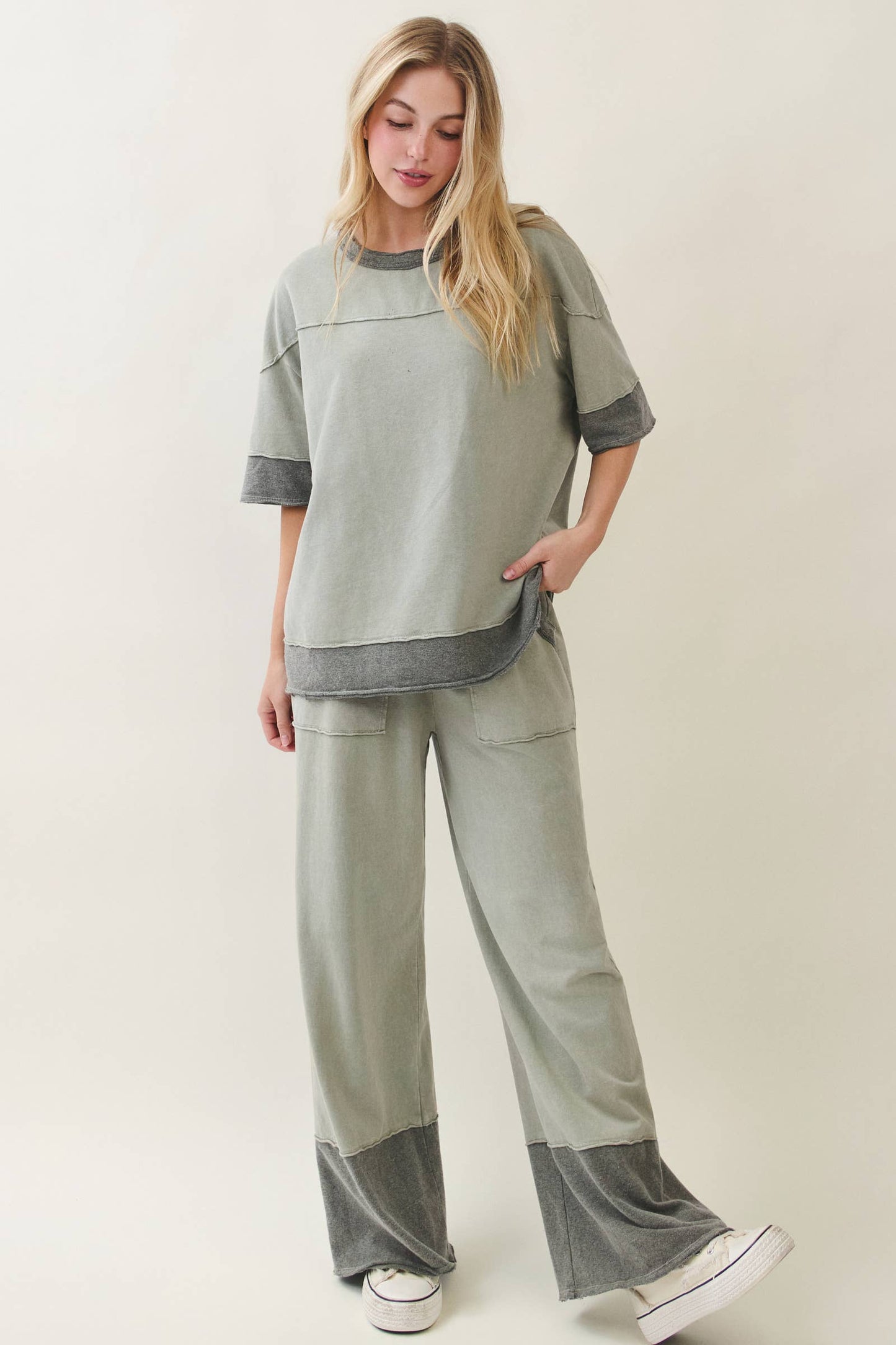 Mineral Washed Contrast Block Terry Top HT7540
