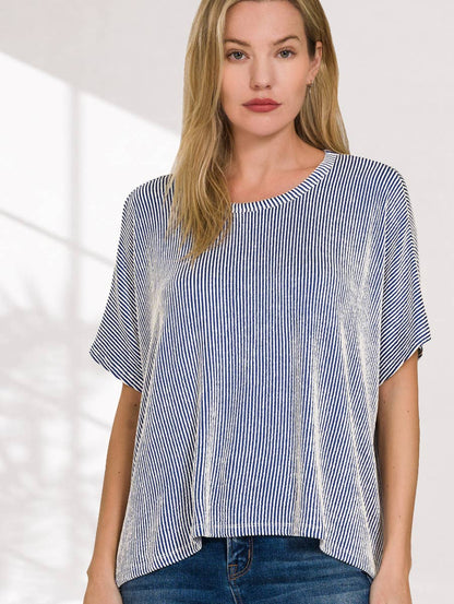 L/XL Ribbed Pin-striped Oversized Top: VIOLET-158644 /