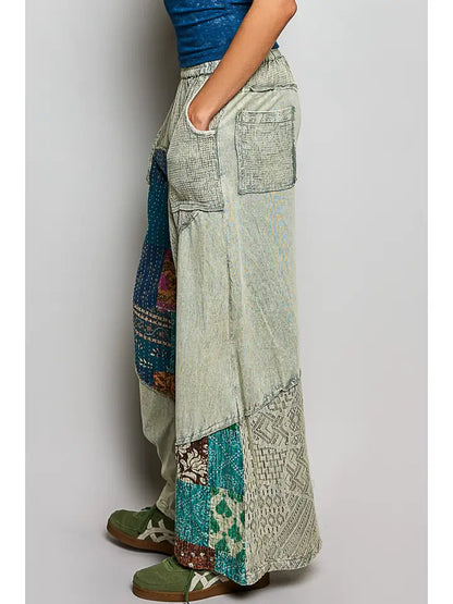 Relaxed fit patchwork woven wide leg Pants