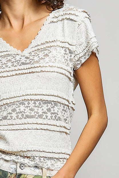 Feminine Lace V Neck Short Sleeve Top Trim Raw Edge
