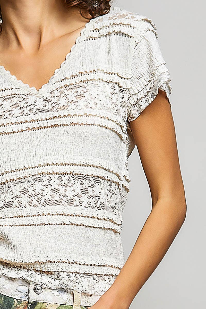 Feminine Lace V Neck Short Sleeve Top Trim Raw Edge