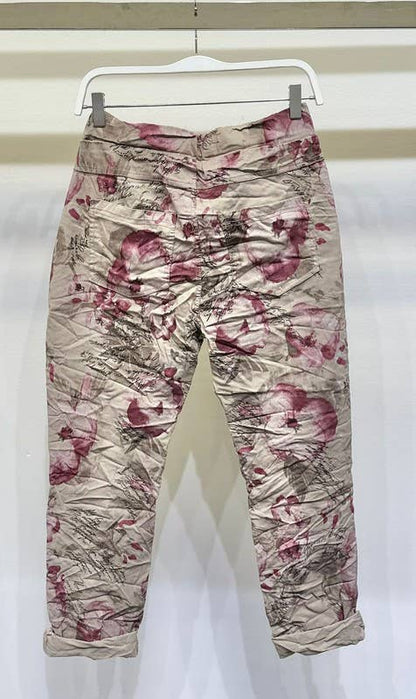 Cursive Lettering Floral Print Crinkle Joggers