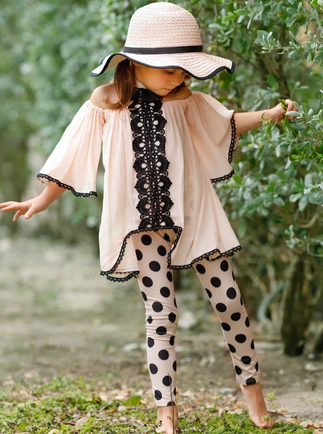 4T/5Y Cold Shoulder Lace Tunic Top w/ Polka Dot Leggings Beige