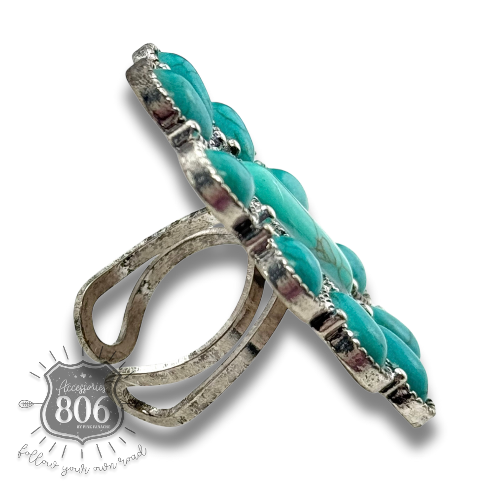 Turquoise color oval flower ring - LC