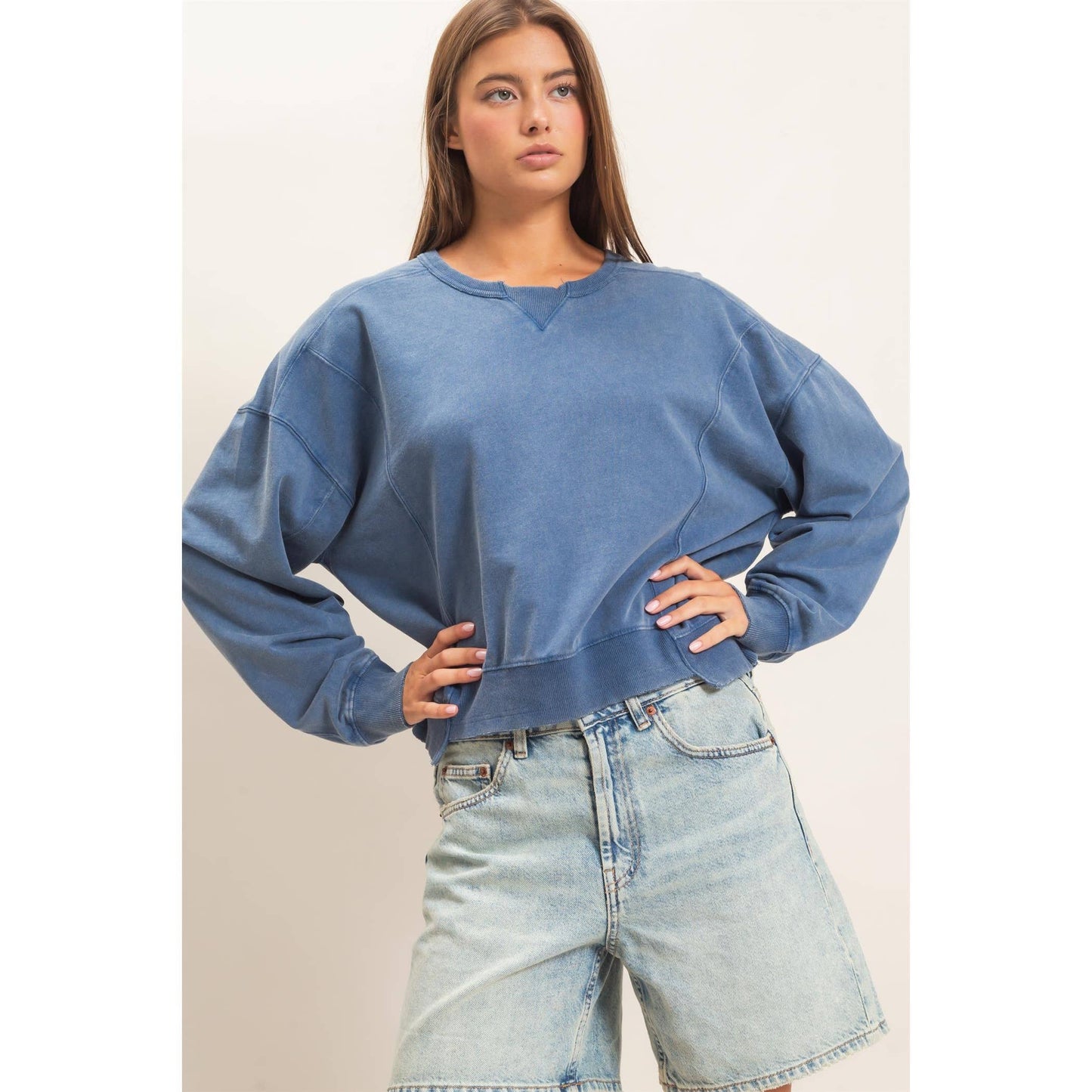 Acid Wash Seam Detail Crew Neck Sweatshirt DZ26A655
