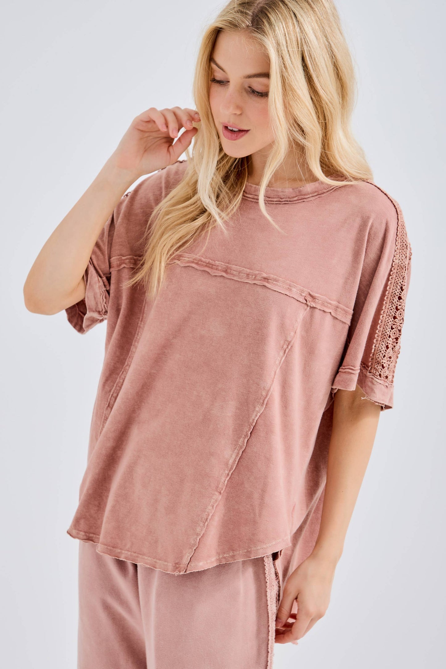 Mineral Washed Relaxed Fit Tee with Crochet Detail HT6312 Shirt