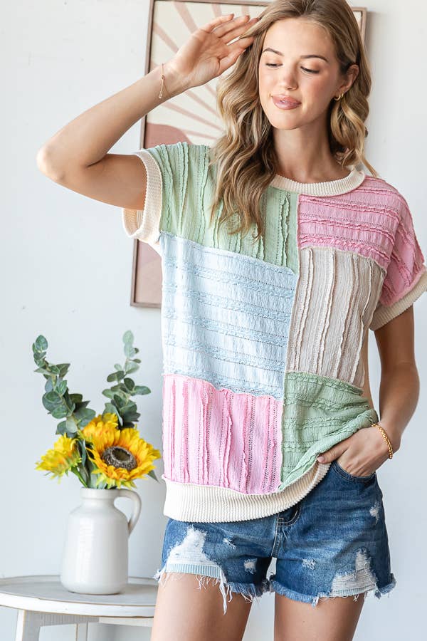 Color Block Textured Patchwork Short Sleeve Top T5944