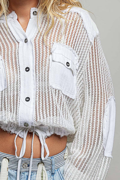 Open Knit Button Down Pocket Front Hooded Shirt Top