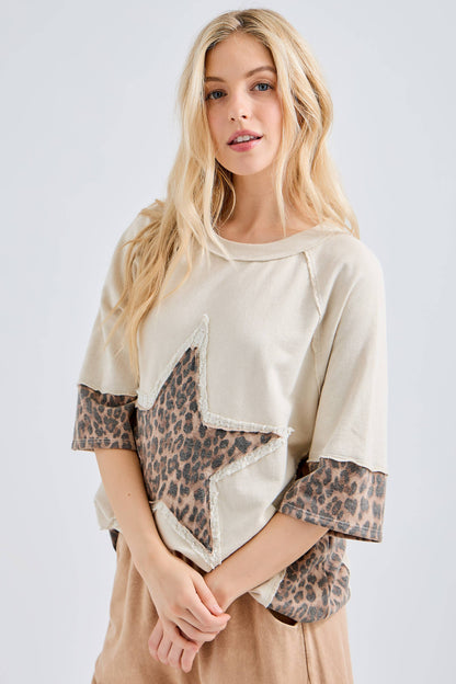 Mineral Washed Leopard Star Halfsleeve top HT6628