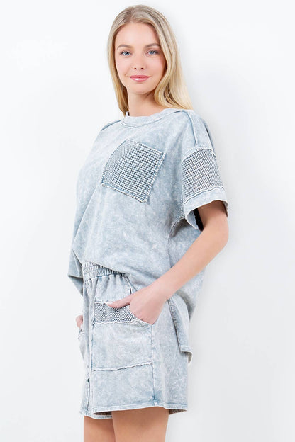 Mineral Wash Mesh Pocket Sleeve top HT5649