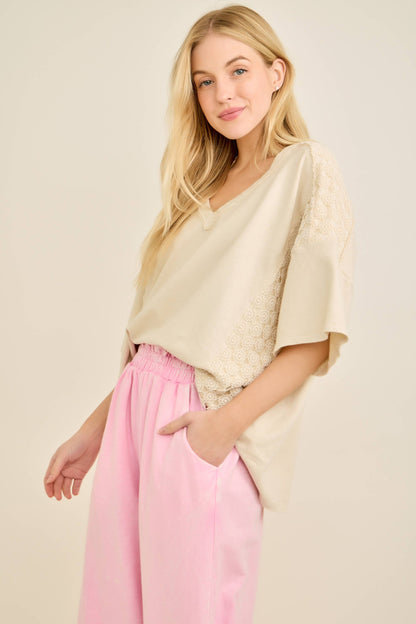 Mineral Washed Flower Daisy V-neck Shirt top HT6747