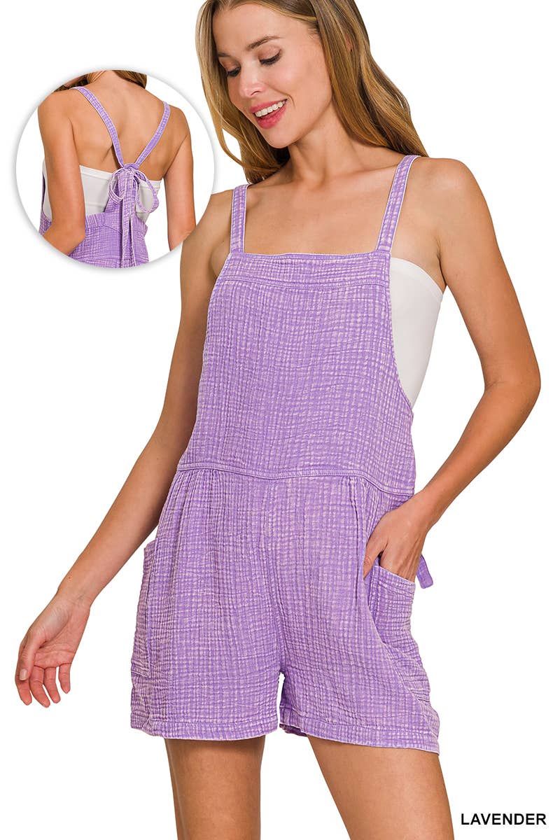`Washed Double Gauze Tie Back Rompers w/ Pockets