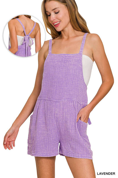 `Washed Double Gauze Tie Back Rompers w/ Pockets