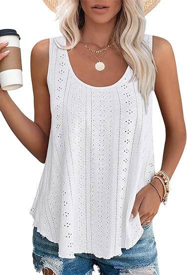 White / S Eyelet basic loose overfit cozy summer tank top: