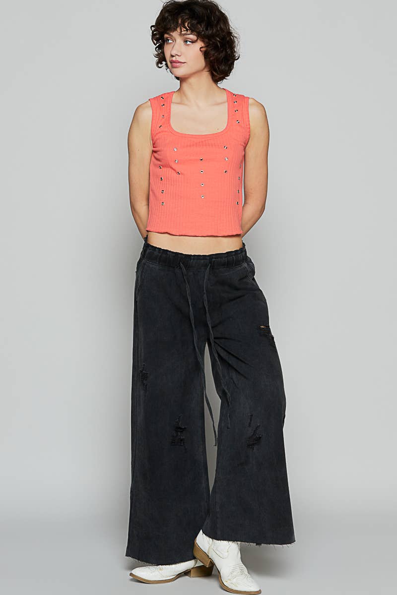 Wide leg drawstring elastic waist distressed denim pants