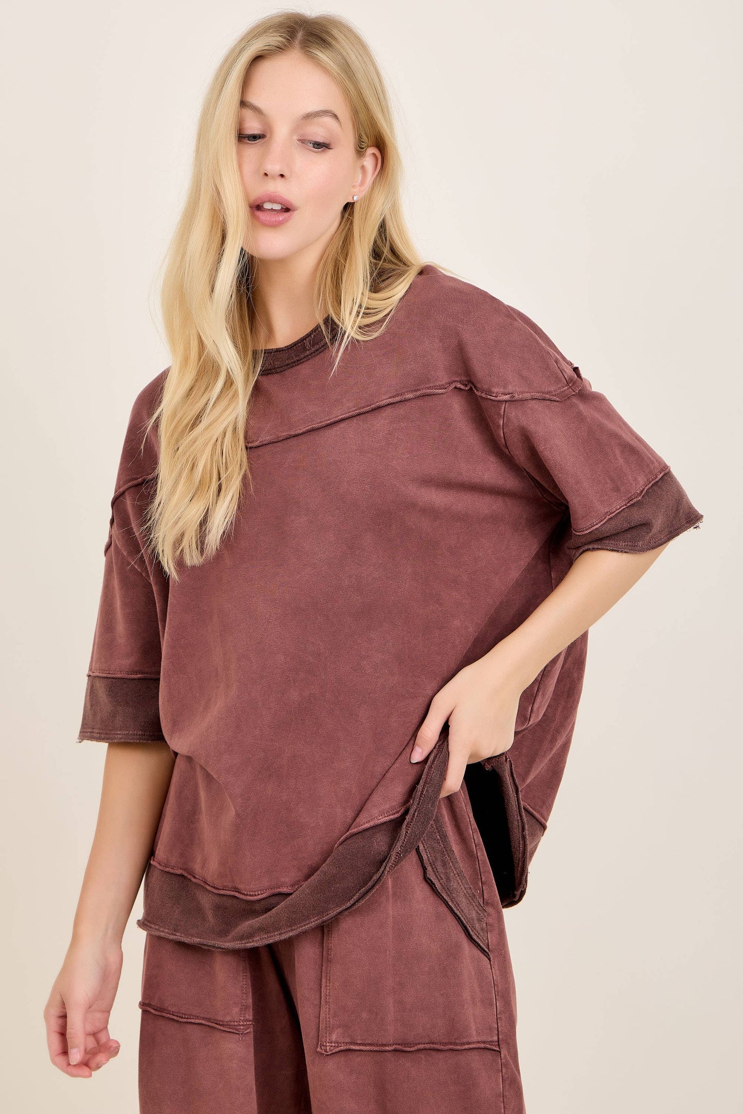 Mineral Washed Contrast Block Terry Top HT7540