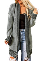 Gray Plaid Knitted Long Open Front Cardigan: Gray / S / 65%Acrylic+35%Polyester