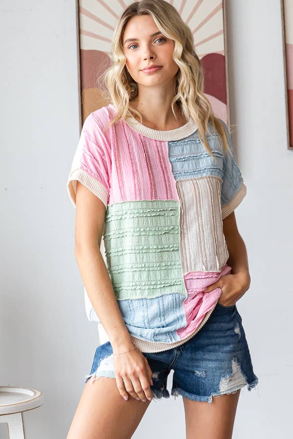 Color Block Textured Patchwork Short Sleeve Top T5944