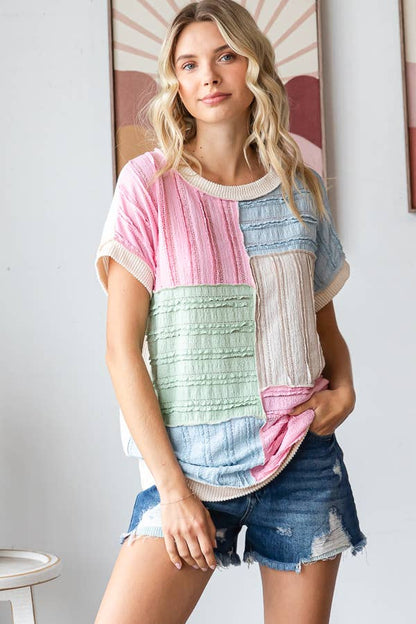 Color Block Textured Patchwork Short Sleeve Top T5944