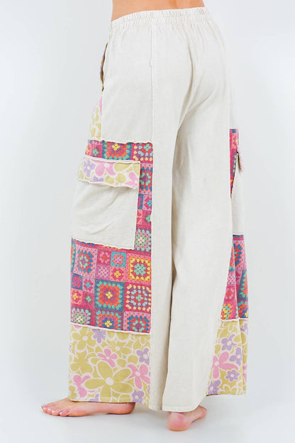 Mineral Wash Crochet Floral Printed Pants HP5758