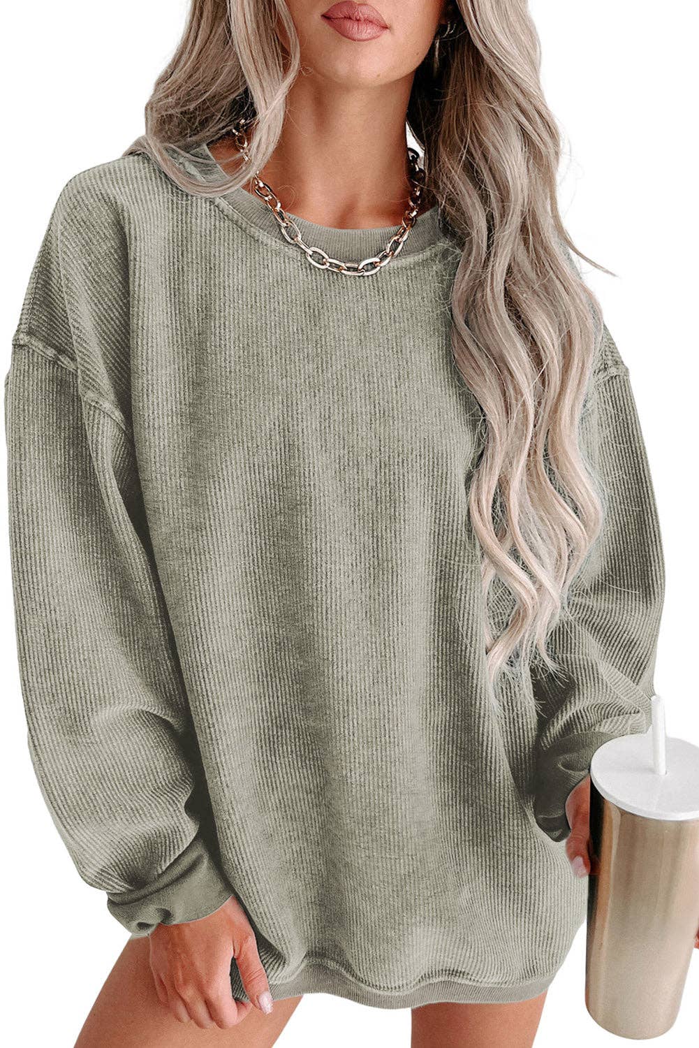 Green Solid Ribbed Knit Round Neck Pullover Sweatshirt: Green / L / 100%Polyester